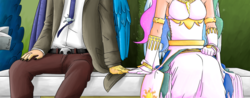 Size: 1500x588 | Tagged: safe, artist:mornincloud, discord, princess celestia, human, g4, bench, clothes, dress, female, humanized, male, ship:dislestia, shipping, straight, winged humanization