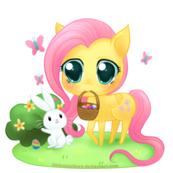 Size: 1000x1000 | Tagged: safe, artist:littlemissfawn, angel bunny, fluttershy, pegasus, pony, rabbit, g4, animal, basket, chibi, cute, easter, easter egg, female, male, mare, mouth hold, shyabetes, solo