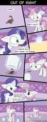 Size: 1800x4637 | Tagged: safe, artist:loceri, rarity, sweetie belle, pony, scorpion, unicorn, g4, carousel boutique, coffee mug, comic, dialogue, duo, duo female, female, filly, floppy ears, magic, mare, mug, slice of life, speech bubble, telekinesis, this will not end well, wut face