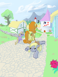 Size: 600x800 | Tagged: artist needed, source needed, safe, carrot top, derpy hooves, dinky hooves, golden harvest, earth pony, pegasus, pony, unicorn, g4, female, filly, glasses, mare, optician, rope, trio, trio female