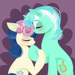 Size: 1000x1000 | Tagged: safe, artist:dragonfoxgirl, bon bon, lyra heartstrings, sweetie drops, earth pony, pony, unicorn, g4, abstract background, eyes closed, female, holding hooves, lesbian, ship:lyrabon, shipping, smiling