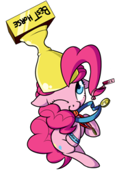 Size: 762x1114 | Tagged: dead source, safe, artist:mostazathy, pinkie pie, pony, g4, :p, best pony, cute, diapinkes, female, floppy ears, medal, one eye closed, simple background, solo, tongue out, transparent background, trophy