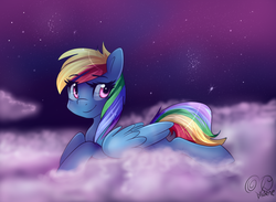 Size: 1024x748 | Tagged: safe, artist:rflzqt, rainbow dash, g4, cloud, cloudy, dark, female, folded wings, looking at you, lying down, night, prone, shiny, smiling, solo, sploot, stars