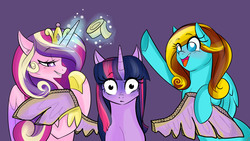 Size: 1920x1080 | Tagged: safe, artist:dragonfoxgirl, princess cadance, twilight sparkle, oc, oc:ilovekimpossiblealot, alicorn, pony, g4, duct tape, female, mare, trio, twilight sparkle (alicorn), wings