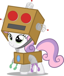 Size: 2208x2627 | Tagged: safe, artist:zacatron94, sweetie belle, pony, robot, robot pony, unicorn, g4, box, clothes, costume, cute, diasweetes, female, filly, foal, halloween, halloween costume, high res, holiday, hooves, horn, nightmare night, nightmare night costume, simple background, smiling, solo, sweetie bot, transparent background, vector