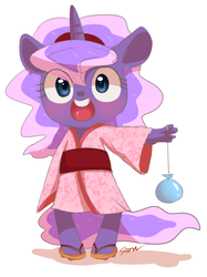 Size: 940x1260 | Tagged: safe, artist:sion, princess luna, anthro, g4, blushing, cute, female, happy, japan, kimono (clothing), open mouth, sandals, smiling, solo, water balloon