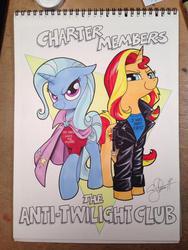 Size: 600x800 | Tagged: safe, artist:andy price, sunset shimmer, trixie, pony, unicorn, g4, andy you magnificent bastard, clothes, jacket, leather jacket, traditional art