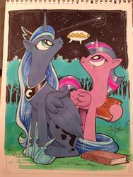 Size: 600x800 | Tagged: safe, artist:andy price, princess luna, twilight sparkle, alicorn, pony, g4, adorkable, book, cute, dork, female, mare, oooooh, shooting star, stargazing, traditional art, twilight sparkle (alicorn)