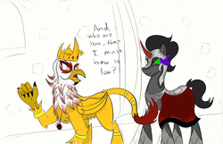 Size: 2415x1556 | Tagged: safe, artist:frikdikulous, king sombra, oc, oc:lord goddrick, griffon, g4, bracelet, colored, crown, dark magic, dialogue, game of thrones, glare, magic, open mouth, simple background, sketch, smirk, sombra eyes