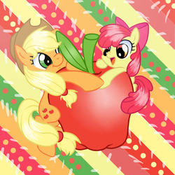 Size: 794x795 | Tagged: safe, artist:fangirldsq, apple bloom, applejack, earth pony, pony, g4, adorabloom, applebetes, cute, female, filly, foal, giant apple, jackabetes, mare, smiling