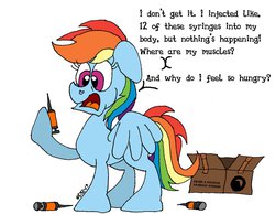 Size: 1013x788 | Tagged: safe, artist:dragonboi471, rainbow dash, g4, black mesa, box, dark comedy, female, solo, steroids, syringe, this will end in death, this will end in tears, this will end in tears and/or death