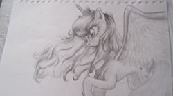 Size: 3648x2048 | Tagged: safe, artist:lunarcakez, princess luna, g4, female, grayscale, high res, monochrome, raised hoof, solo, spread wings, traditional art