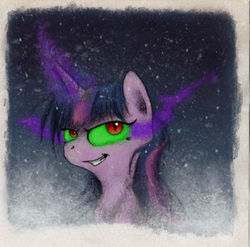 Size: 800x789 | Tagged: safe, artist:hewison, twilight sparkle, g4, dark magic, female, looking at you, magic, smirk, snow, snowfall, solo, sombra eyes