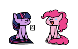 Size: 715x449 | Tagged: safe, artist:flutterluv, pinkie pie, surprise, twilight sparkle, alicorn, pony, g4, animated, female, magic, mare, off, on, open mouth, sitting, switch, twilight sparkle (alicorn)