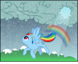 Size: 1434x1189 | Tagged: safe, artist:mremerald34, rainbow dash, pegasus, pony, g4, cloud, cloudy, female, flying, rain, solo