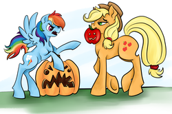 Size: 1515x1004 | Tagged: safe, artist:chromaflow, applejack, rainbow dash, earth pony, pegasus, pony, g4, apple, apple carving, carving, halloween, holiday, jack-o-lantern, pumpkin, pumpkin carving, rainbow dash is not amused, that pony sure does love apples, unamused