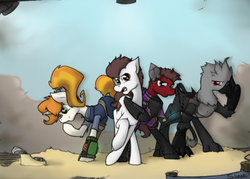 Size: 896x640 | Tagged: safe, artist:sinrar, oc, oc only, oc:deadline, oc:greaser, oc:krieg, oc:mach, earth pony, griffon, pony, fallout equestria, fallout equestria: outlaw, clothes, female, male, mare, pipbuck, stallion