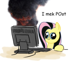 Size: 362x336 | Tagged: safe, artist:king-kakapo, artist:pureinsanity, edit, fluttershy, pegasus, pony, g4, :t, computer, derp, emoshy, female, hey you, i mek post, implied russian, keyboard, mare, meme, on fire, reaction image, simple background, smiling, smoke, white background
