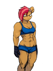 Size: 960x1280 | Tagged: safe, artist:gordonfreeguy, babs seed, anthro, abs, abs seed, belly button, buff, clothes, female, fighter, freckles, midriff, muscles, shorts, solo, sports bra, vein