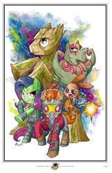 Size: 800x1236 | Tagged: safe, artist:agnesgarbowska, angel bunny, bulk biceps, fluttershy, pony, g4, comikazie expo 2014, drax the destroyer, gamora, groot, guardians of the galaxy, peter quill, ponified, rocket raccoon, star-lord