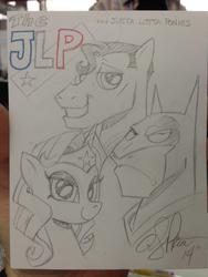 Size: 976x1301 | Tagged: safe, artist:andypriceart, pony, batman, dc comics, female, justice league, male, mare, ponified, stallion, superman, traditional art, trio, wonder woman