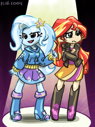 Size: 600x800 | Tagged: safe, artist:bariden, sunset shimmer, trixie, equestria girls, g4, boots, chibi, clothes, crossed arms, duo, duo female, female, frown, hoodie, jacket, leather, leather jacket, no nose, shoes, smiling, spotlight, standing