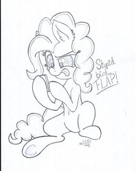 Size: 1024x1290 | Tagged: safe, artist:cyanyeh, pinkie pie, g4, cellphone, female, flappy bird, gaming, monochrome, phone, sitting, solo, tongue out, traditional art, underhoof