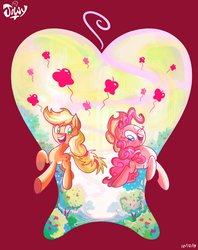 Size: 2480x3138 | Tagged: safe, artist:jowyb, applejack, pinkie pie, g4, pinkie apple pie, accessory swap, cowboy hat, hat, high res, one eye closed, smiling, stetson, wink