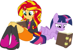 Size: 4309x3000 | Tagged: safe, artist:ruinedomega, sunset shimmer, twilight sparkle, alicorn, human, pony, equestria girls, g4, my little pony equestria girls: rainbow rocks, book, duo, duo female, female, journey book, lying down, mare, ponyscape, simple background, sitting, transparent background, twilight sparkle (alicorn)