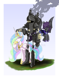 Size: 968x1246 | Tagged: safe, artist:mr-101, princess celestia, oc, oc:moon dancer, alicorn, bat pony, pony, robot, g4, armor, eyes closed, fanfic art, female, flying, giggling, hand on hip, happy, mare, open mouth, smiling, steampunk