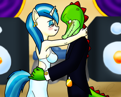Size: 1582x1268 | Tagged: safe, artist:sonigoku, dj pon-3, vinyl scratch, anthro, g4, blushing, crossover, crossover shipping, female, male, sonic the hedgehog (series), straight, vector the crocodile, vectorvinyl, wedding