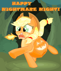 Size: 854x1002 | Tagged: safe, artist:adlaz, applejack, earth pony, pony, g4, applejack-o-lantern, clothes, costume, crying, fire, jack-o-lantern, nightmare night, panic, pumpkin, pumpkinjack, pun, stuffed, transformation, visual pun