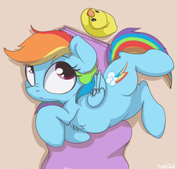 Size: 900x862 | Tagged: dead source, safe, artist:mistydash, rainbow dash, pegasus, pony, g4, cute, dashabetes, female, nose wrinkle, rubber duck, solo, towel