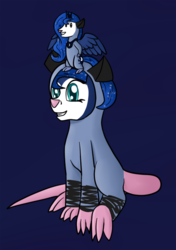 Size: 500x711 | Tagged: safe, artist:timid tracks, princess luna, tiberius, alicorn, opossum, pony, g4, ask-luna-and-tiberius, blue background, clothes, costume, nightmare night, role reversal, simple background