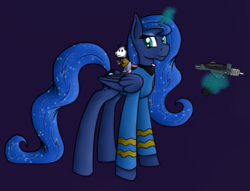 Size: 800x612 | Tagged: safe, artist:timid tracks, princess luna, tiberius, g4, ask-luna-and-tiberius, clothes, costume, magic, nightmare night, phaser, simple background, star trek, star trek (tos), starfleet, telekinesis, type ii phaser (tos), uniform, weapon