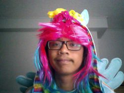 Size: 800x600 | Tagged: safe, rainbow dash, human, g4, clothes, cosplay, costume, hoodie, irl, irl human, photo, wig, wings