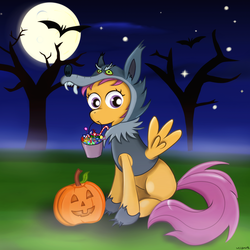 Size: 1400x1400 | Tagged: safe, artist:milanoss, scootaloo, g4, candy, clothes, costume, female, full moon, halloween, holiday, jack-o-lantern, moon, mouth hold, night, nightmare night, pumpkin, solo