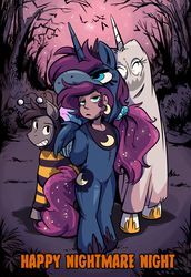 Size: 1280x1856 | Tagged: safe, artist:herny, princess celestia, princess luna, oc, oc:kevin the nightguard, ghost, human, luna-afterdark, g4, bedsheet ghost, blinding flare, clothes, costume, halloween, humanized, nightmare night, pony costume