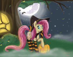 Size: 3300x2550 | Tagged: safe, artist:starhoof, fluttershy, bat, pegasus, pony, g4, clothes, costume, female, folded wings, glowing, glowing eyes, grass, halloween, hat, high res, holiday, jack-o-lantern, mare, moon, night, nightmare night, outdoors, pumpkin, socks, solo, striped socks, tree, wings, witch, witch costume, witch hat