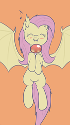 Size: 1080x1920 | Tagged: safe, artist:yo-yall, fluttershy, g4, apple, blushing, candy apple, cute, eyes closed, fangs, female, flutterbat, flying, happy, hoof hold, shyabates, shyabetes, simple background, smiling, solo, spread wings