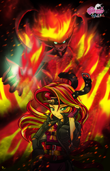 Size: 1030x1600 | Tagged: safe, artist:mauroz, sunset shimmer, human, equestria girls, g4, belt, fiery shimmer, fire, horn, humanized, my little pony logo, sunset satan