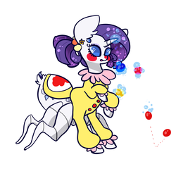 Size: 1280x1280 | Tagged: safe, artist:otterlore, rarity, monster pony, original species, parasprite, spider, spiderpony, g4, clothes, clown, clownity, costume, female, halloween, juggling, makeup, nightmare night, rarirachnid, simple background, solo, species swap, spiderponyrarity, tumblr