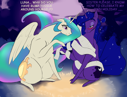 Size: 910x700 | Tagged: safe, artist:nivrozs, princess celestia, princess luna, alicorn, pony, g4, bedroom eyes, blushing, confused, dialogue, drunk, drunk luna, female, floppy ears, frown, halloween, mare, missing accessory, mummy, nightmare night, open mouth, pointing, raised hoof, sitting, spread wings, toilet paper
