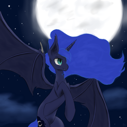 Size: 1400x1400 | Tagged: safe, artist:muffinsforever, princess luna, alicorn, bat pony, bat pony alicorn, pony, g4, female, flying, lunabat, moon, night, race swap, solo