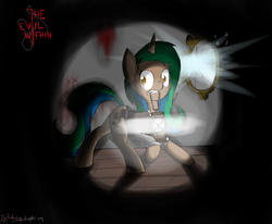 Size: 2448x2016 | Tagged: dead source, safe, artist:zacproductions, oc, oc only, oc:glimmering springs, barbed wire, dark, high res, lantern, mirror, scary, sebastian castellanos, the evil within, visual music
