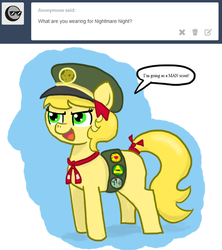Size: 640x720 | Tagged: safe, artist:ficficponyfic, oc, oc only, oc:golden brisk, ask golden brisk, clothes, costume, girl scout, hat, merit badge, ribbon, sash, solo