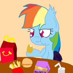 Size: 999x999 | Tagged: safe, artist:mmdfantage, rainbow dash, bat pony, pony, g4, :3, cute little fangs, fangs, food, french fries, happy meal, mcdonald's, ponies eating meat, rainbowbat