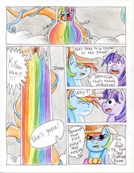 Size: 785x1017 | Tagged: safe, artist:the1king, rainbow dash, rarity, twilight sparkle, alicorn, pony, comic:fluttershy and the rainbow factory, fanfic:rainbow factory, g4, comic, female, makeup, mare, parody, roald dahl, running makeup, traditional art, twilight sparkle (alicorn), wet, wet mane, wet mane rarity, willy wonka, willy wonka and the chocolate factory