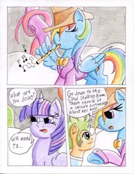 Size: 786x1016 | Tagged: safe, artist:the1king, rainbow dash, twilight sparkle, alicorn, pony, comic:fluttershy and the rainbow factory, fanfic:rainbow factory, g4, comic, female, flute, mare, musical instrument, oompa loompa, parody, roald dahl, traditional art, twilight sparkle (alicorn), willy wonka, willy wonka and the chocolate factory, wing hands