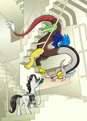 Size: 1088x1500 | Tagged: safe, artist:pedantia, discord, oc, oc:front page, draconequus, earth pony, pony, g4, duo, m. c. escher, microphone, relativity, stairs
